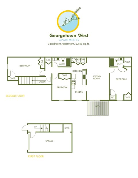 Floor plan for 3 beds, 2 baths, 1445 sqft